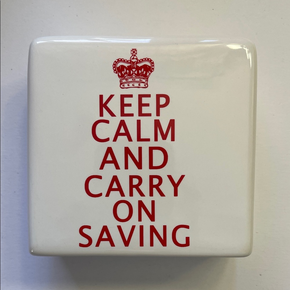 Ceramic Piggy Bank Keep Calm and Carry On Saving White Red Letters Savings Bank